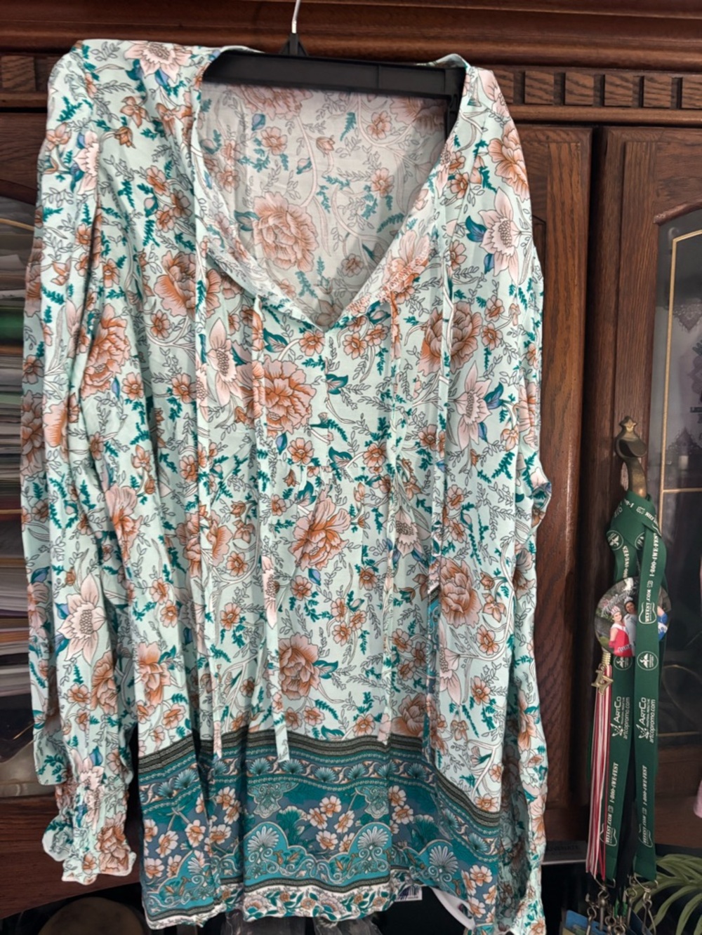 Boho Floral V-Neck Tunic in Cream, Teal & Peach